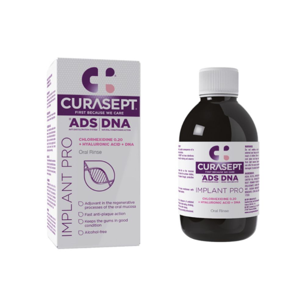 CURASEPT ADS® IMPLANT PRO skalavimo skystis su 0.20% chlorheksidino, DNA ir hialurono rūgštimi